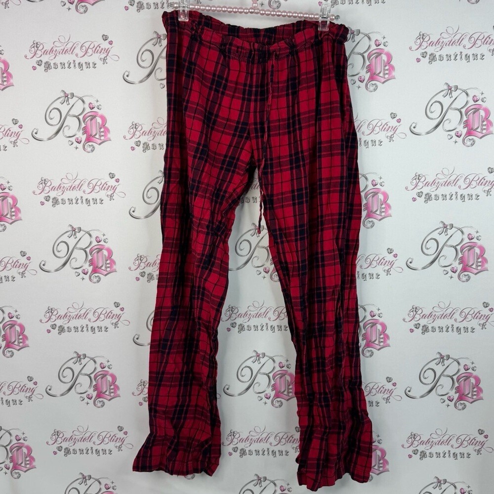 La SENZA pants pj bottoms black Red Plaid Pajama Bottoms stripes tie waist